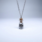 Āgāya Rasam meteorite vial pendant on silver chain, studio shot