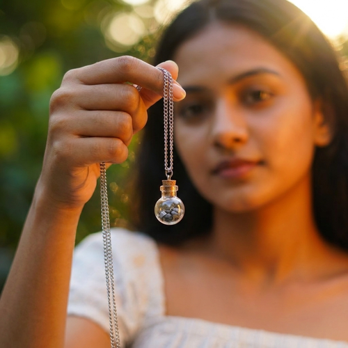Anandham meteorite vial pendant held up in golden-hour light