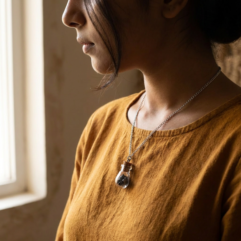 Āgāya Rasam silver — worn, indoor window light