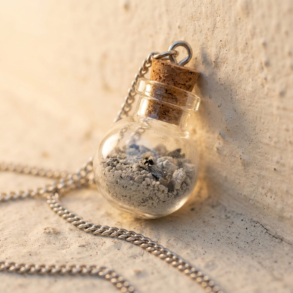 Sōma Maṇal silver — macro of moon dust vial on plaster
