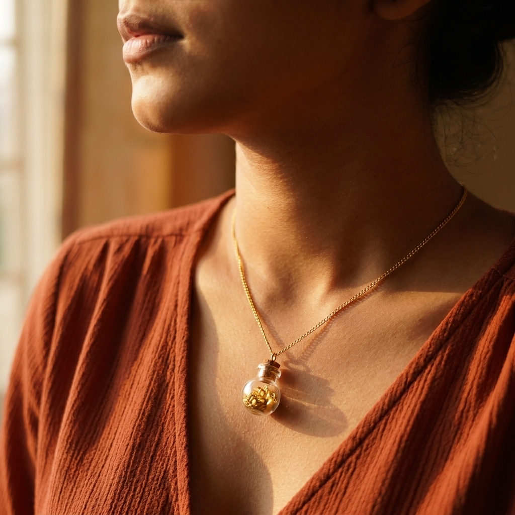 Sōma Maṇal gold — worn at collarbone, terracotta blouse