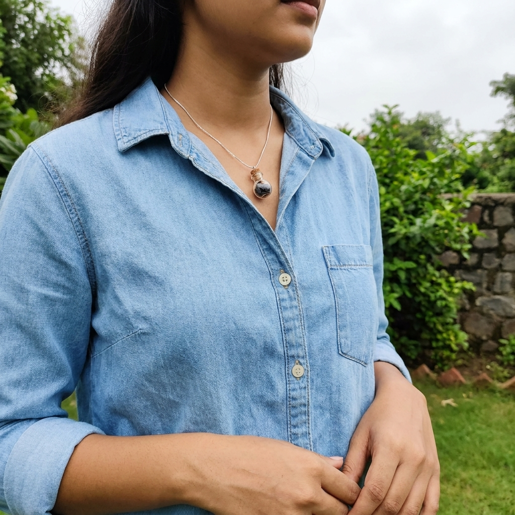 Natchathiram silver — worn outdoors over denim