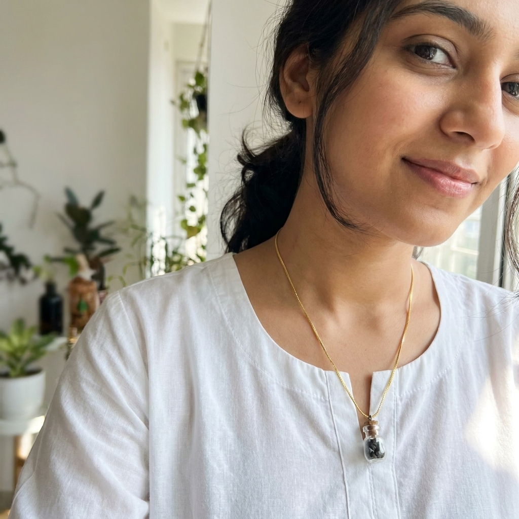 Natchathiram gold — worn over white kurta in daylight