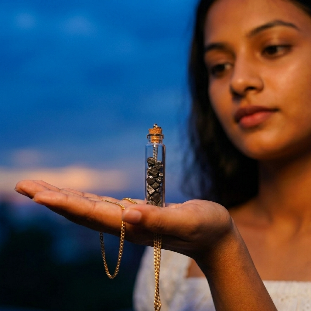 Anandham gold — pendant in open palm at dusk